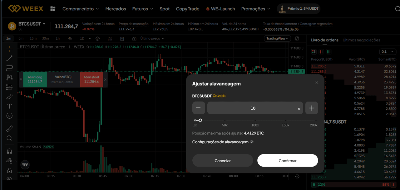 The image shows the leverage adjustment window on the WEEX trading platform